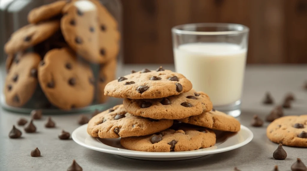 A stack of chocolate chip cookies on a white plate, accompanied by a glass of milk, with more cookies and chocolate chips scattered in the background.