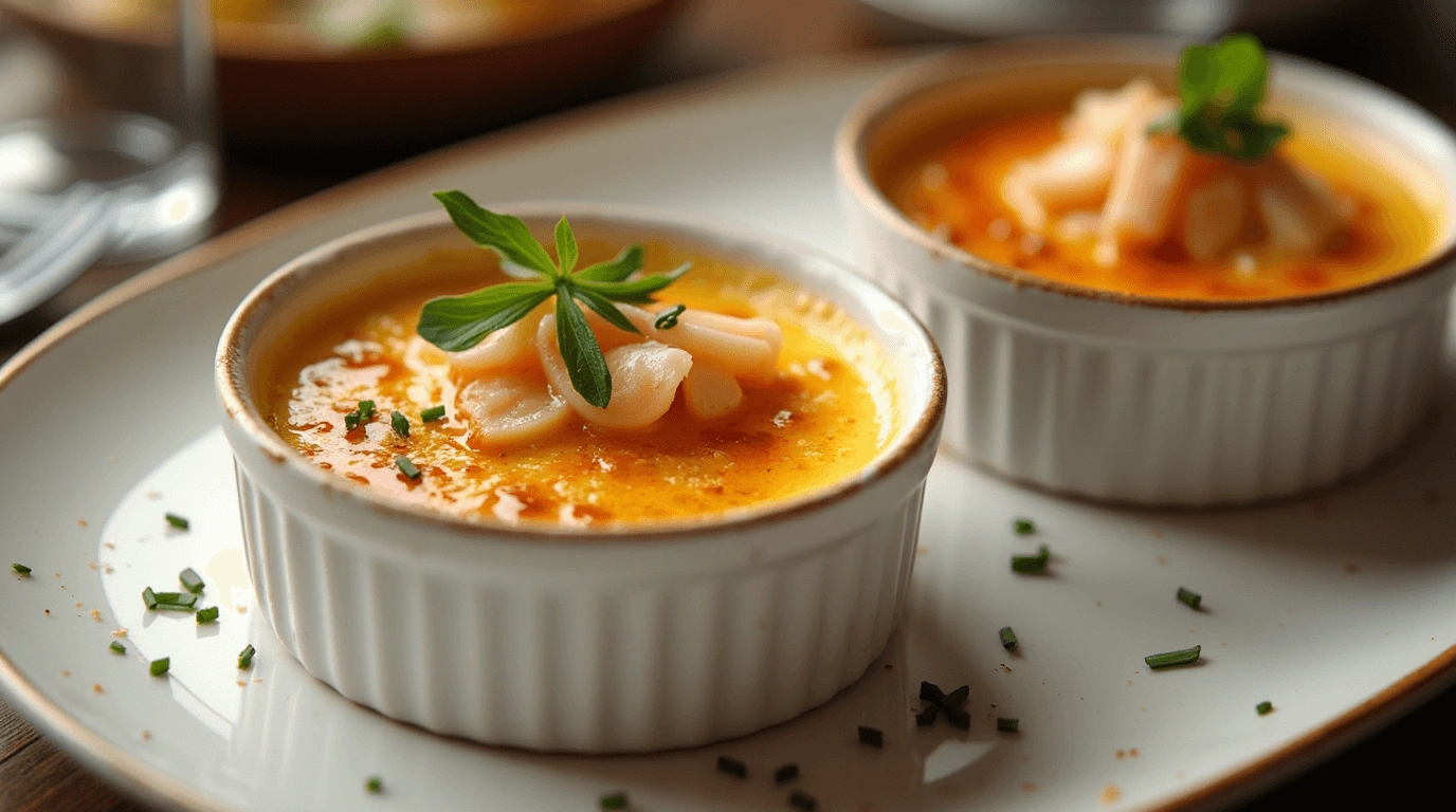 Beautifully plated crab brulee served in small white ramekins, topped with fresh herbs and surrounded by garnished chives on a white dish.