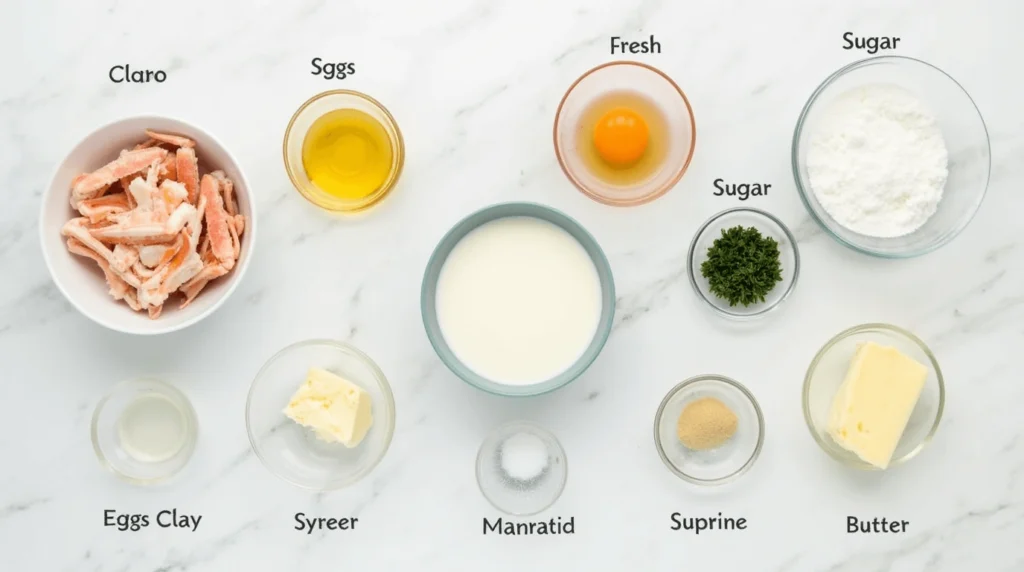 Top-down view of neatly arranged ingredients labeled for a recipe, placed on a white marble surface.