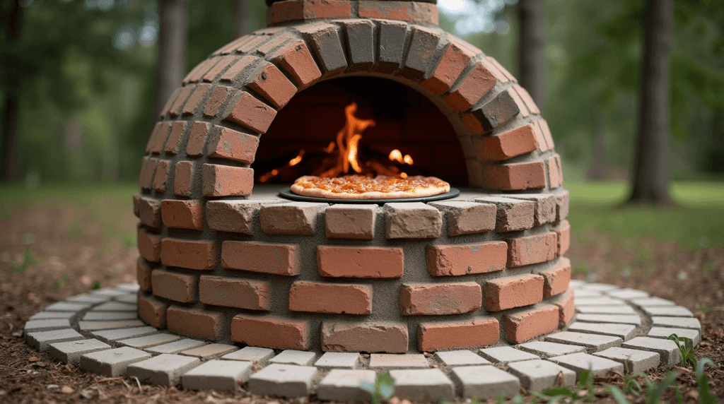 Brick pizza oven with a lit fire and a pizza baking inside, surrounded by a circular brick base and set outdoors.