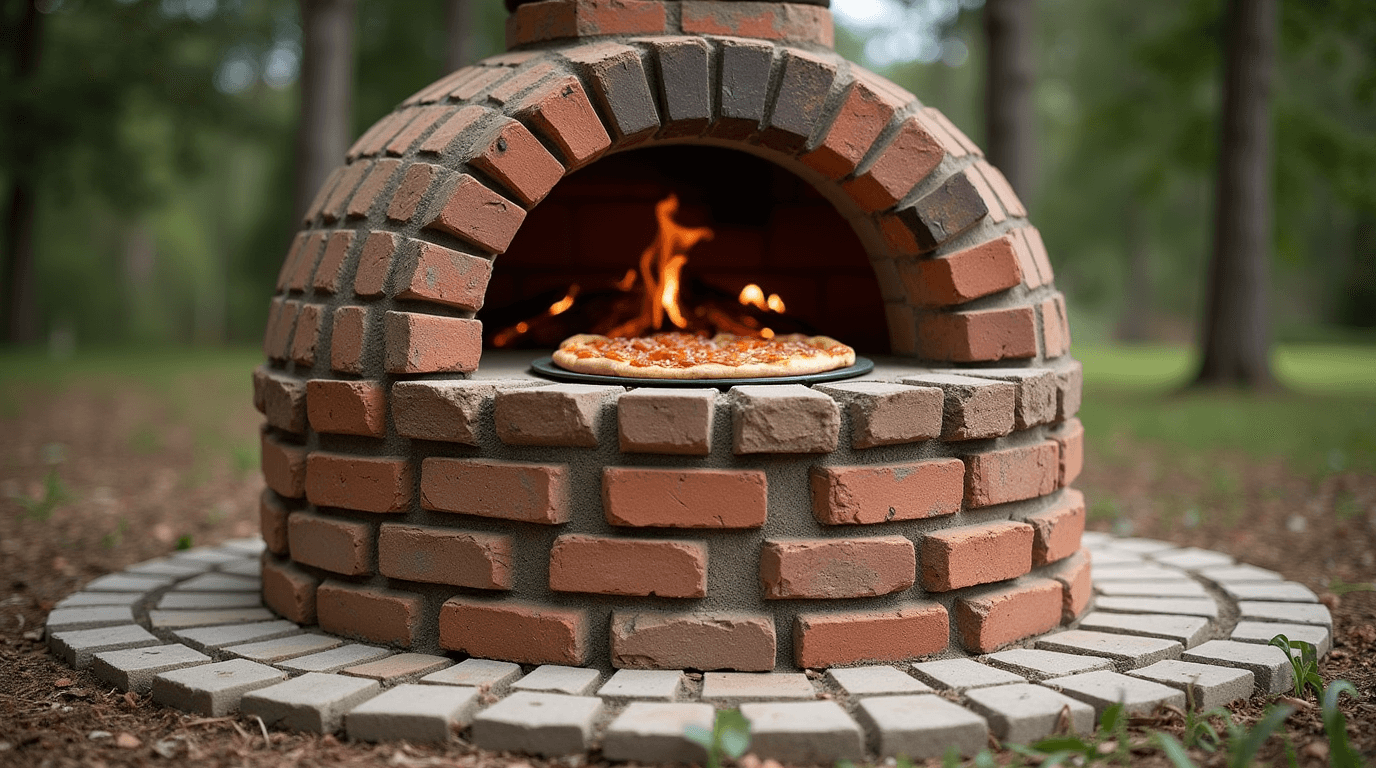 Brick pizza oven with a lit fire and a pizza baking inside, surrounded by a circular brick base and set outdoors.