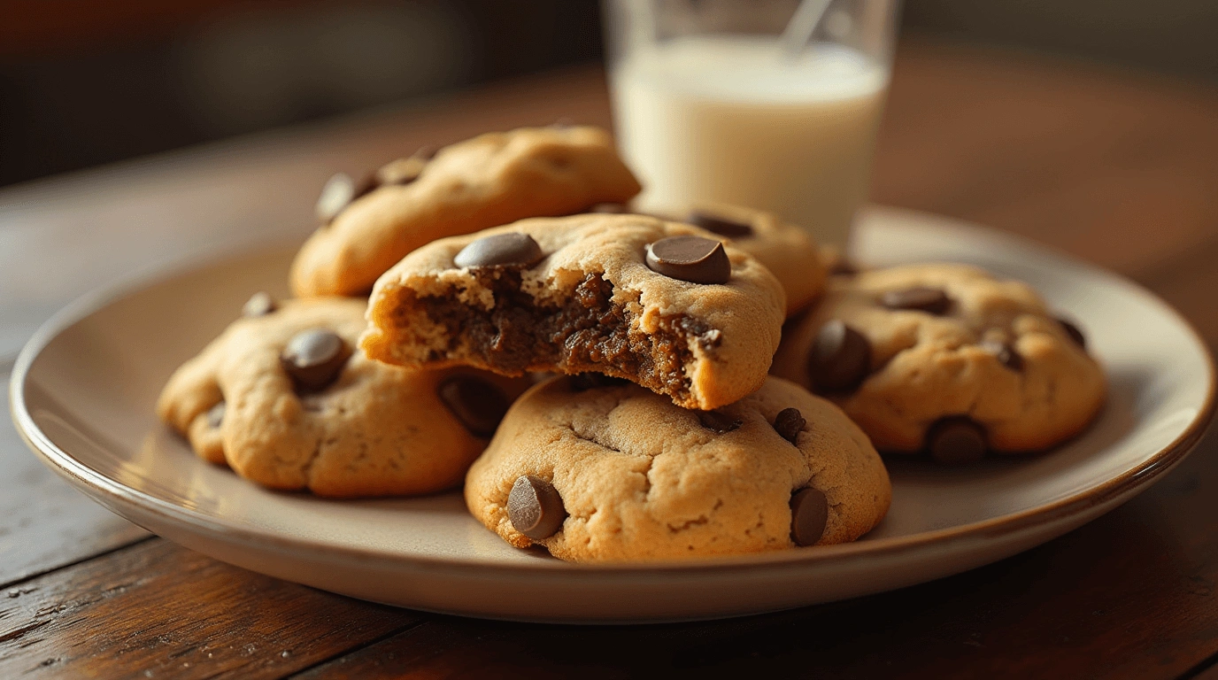 A close-up view of a plate filled with warm, freshly baked chocolate chip cookies, one of which has a bite taken out, revealing its gooey interior. A glass of milk is visible in the background.
