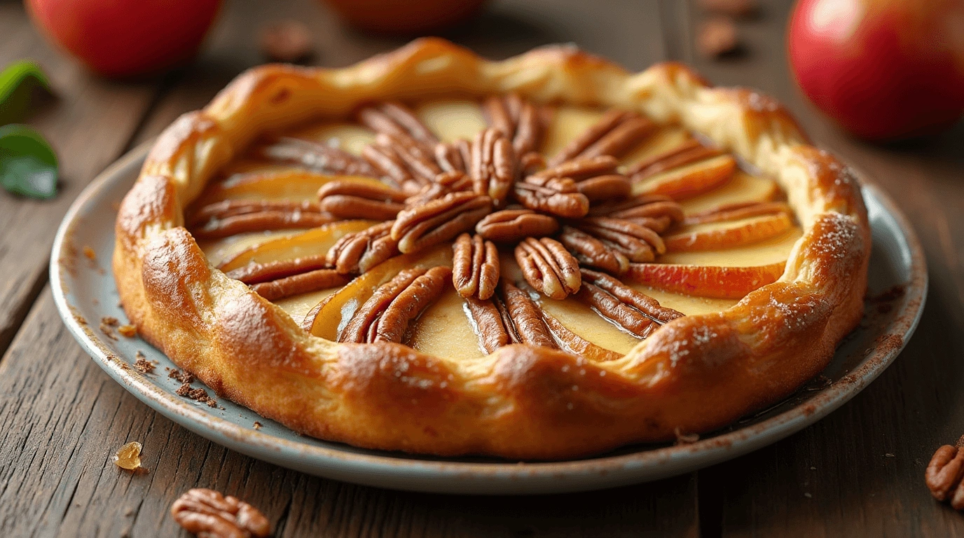 A golden apple and pecan Danish pastry tart with flaky edges, caramelized apples, and toasted pecans, served on a rustic wooden table with natural light.
