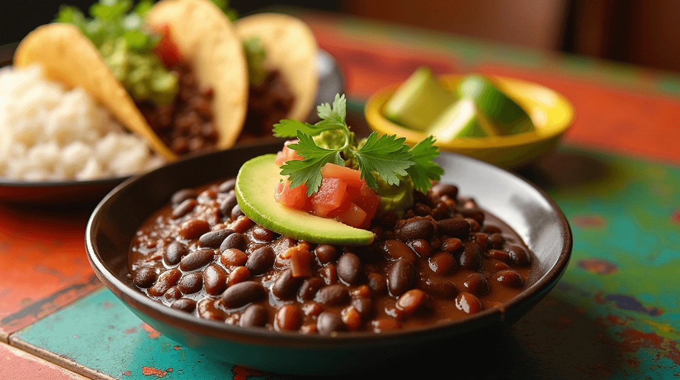 Close-up of Chipotle Black Beans garnished with cilantro and lime, served in a bowl with smoky red hues and visible chipotle peppers.