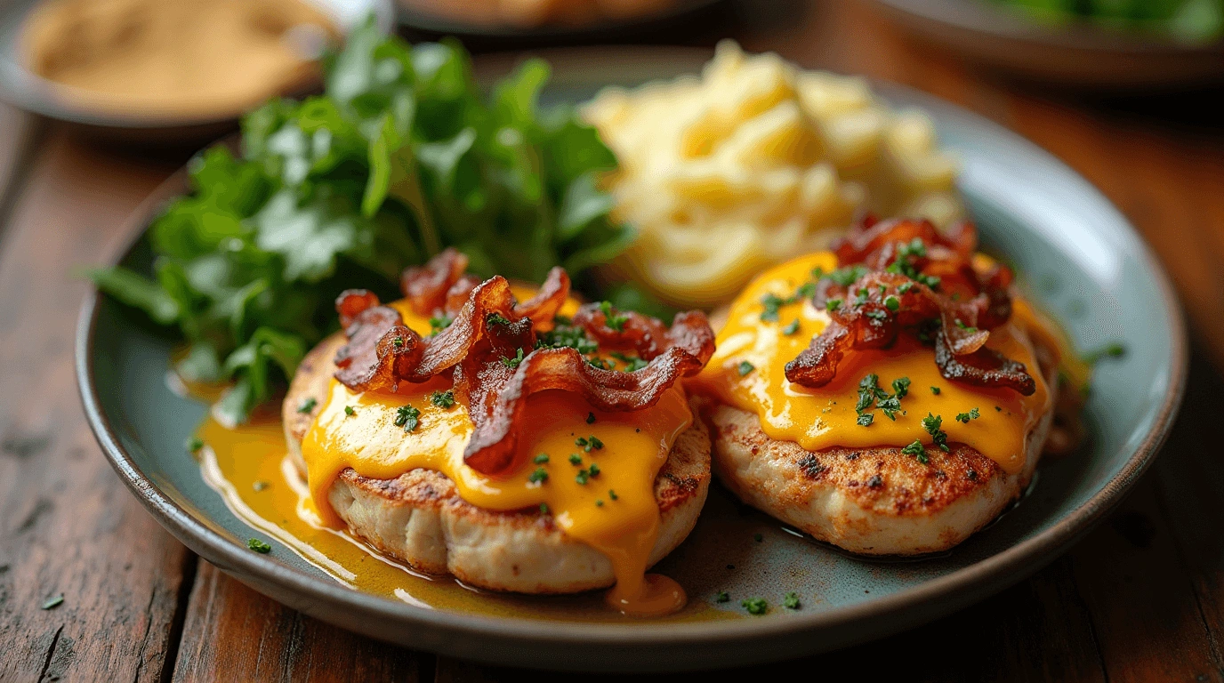 A gourmet dish featuring grilled chicken breasts topped with melted cheddar cheese, crispy bacon, and fresh parsley, accompanied by a side of mashed potatoes and fresh greens on a rustic wooden table.