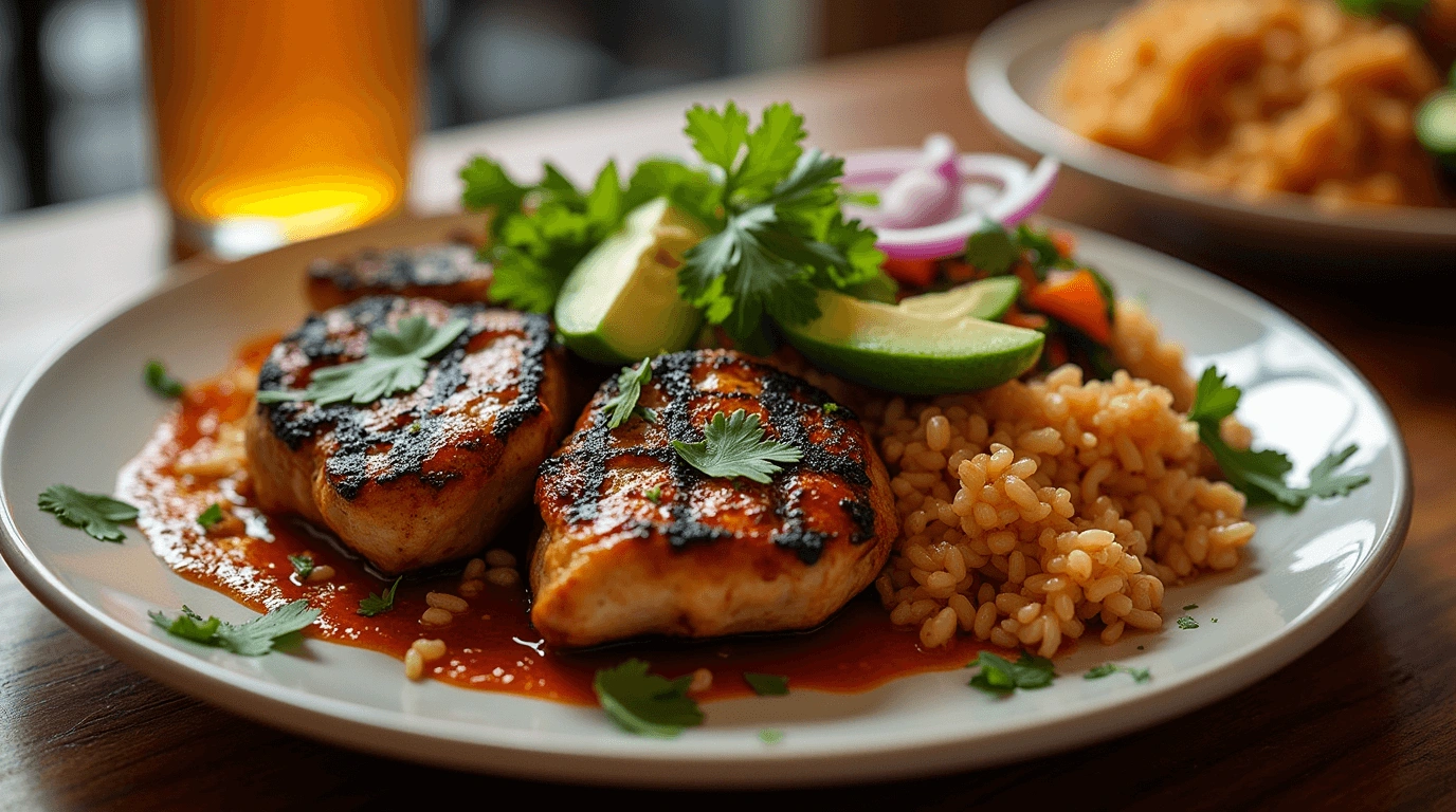 Grilled Pollo Loco Chicken with cilantro, avocado, and red onion, served with vibrant sides on a wooden table.