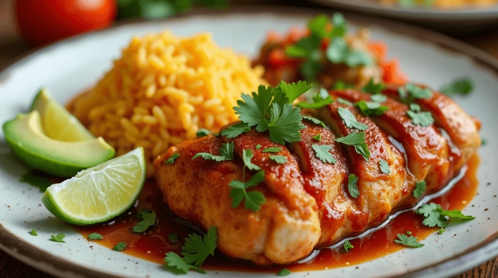 Pollo Loco Chicken served with sides like rice, grilled vegetables, and fresh avocado slices.
