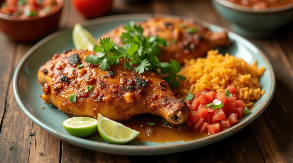 Plated Pollo Loco chicken with rice, beans, and fresh salsa garnished with cilantro and lime.