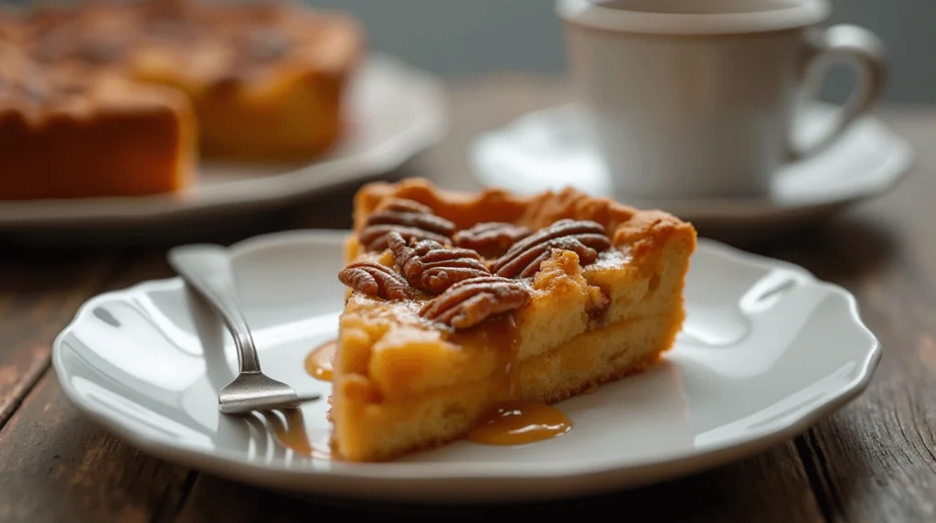 A slice of apple and pecan Danish pastry tart on a white ceramic plate, drizzled with honey or maple syrup, with a fork resting beside the plate. A cozy mug of coffee or tea sits in the background on a rustic wooden table with soft ambient lighting.