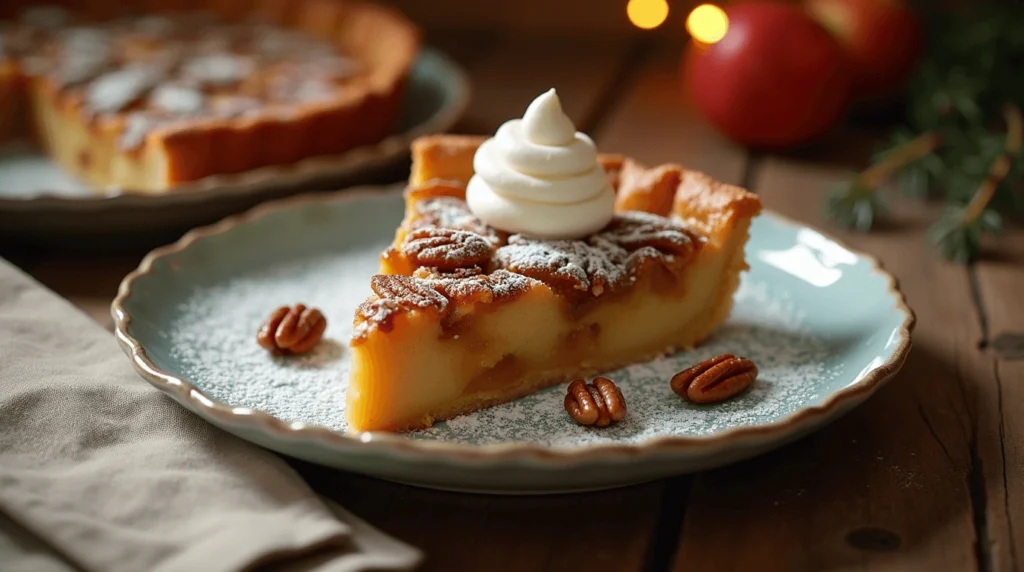A beautifully served slice of apple and pecan tart, garnished with powdered sugar and whipped cream, on a rustic wooden table.