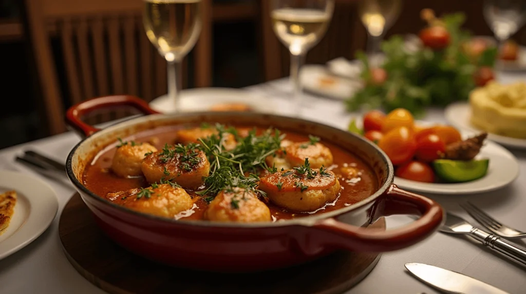 A rustic skillet filled with golden chicken medallions in a rich tomato-based sauce, garnished with fresh herbs, served on a beautifully set dinner table with wine glasses and vibrant side dishes.