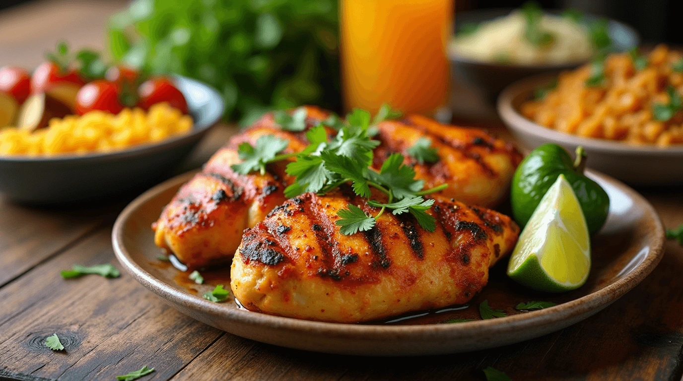 Grilled pollo loco recipe chicken served with roasted vegetables, rice, and a refreshing drink on a rustic wooden table.
