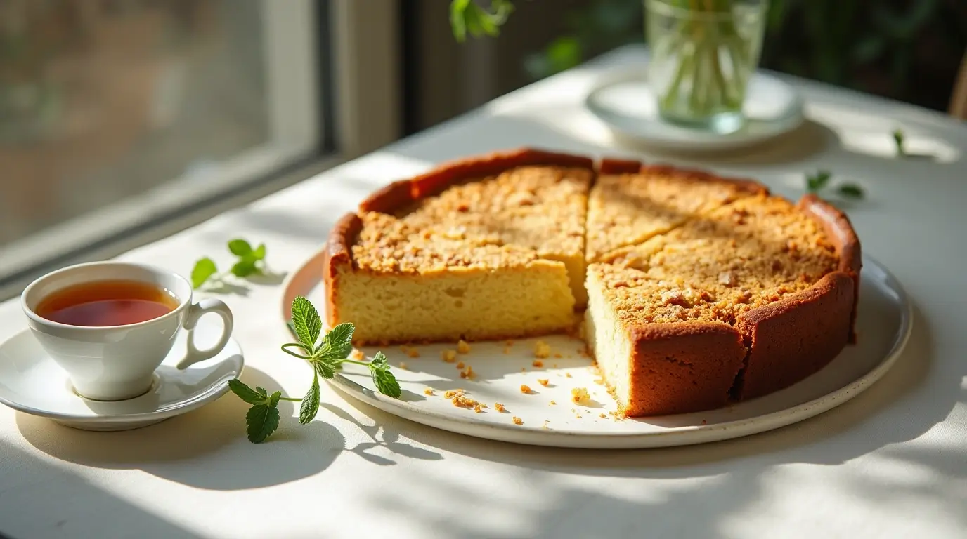 Freshly baked kefir sheet cake with powdered sugar, served on a rustic wooden table with slices and ingredients surrounding it.