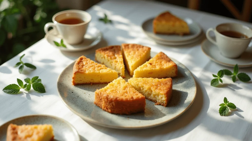 A styled table with slices of kefir sheet cake, a cup of tea, and mint sprigs, perfect for serving guests.