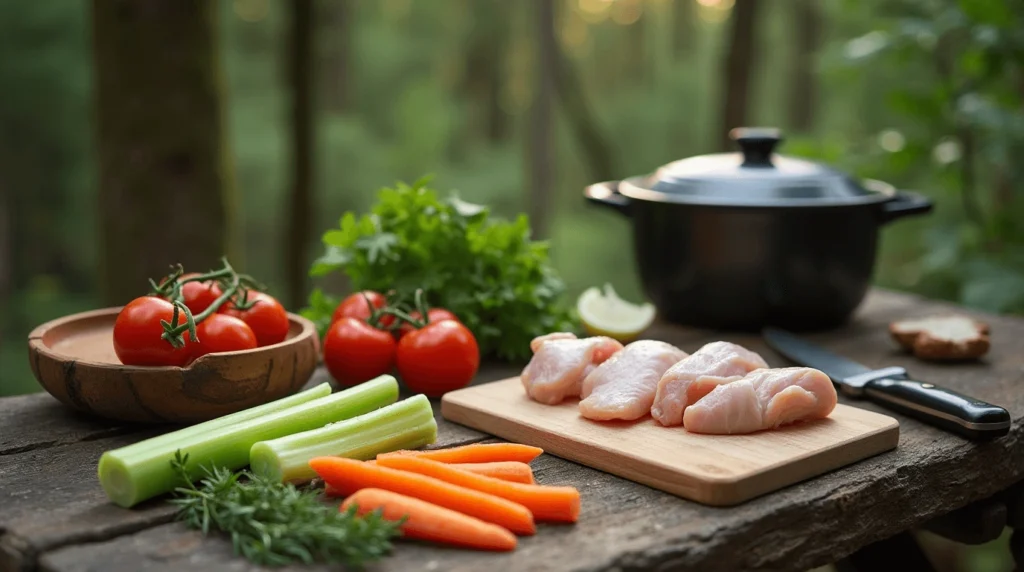 Fresh ingredients laid out on a rustic wooden table for Dutch oven camping recipe.

