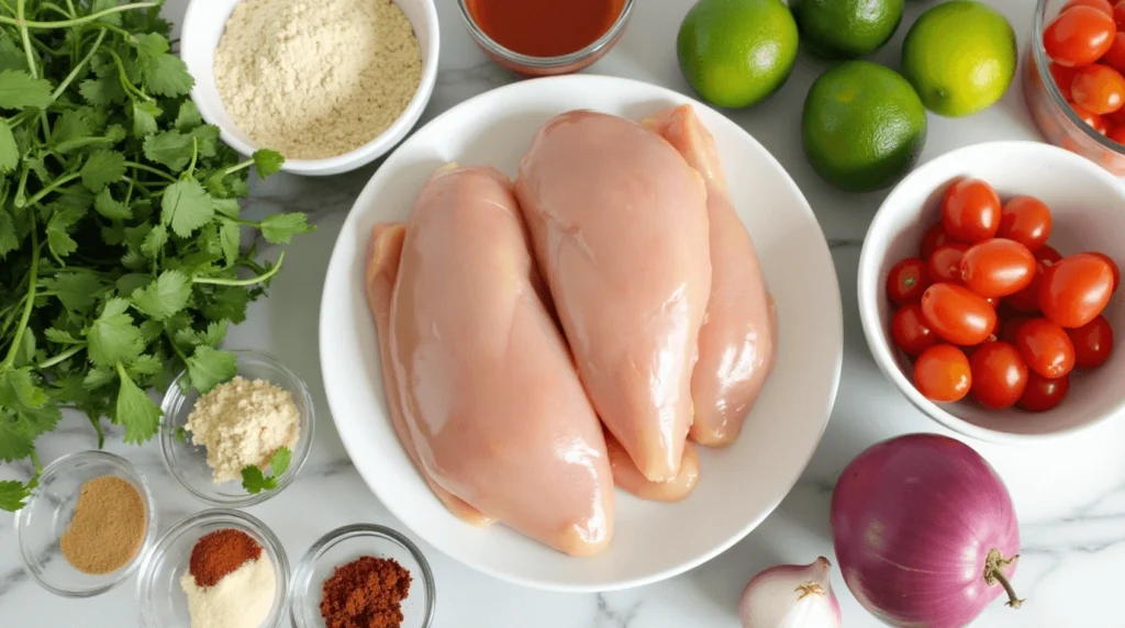 Ingredients for Pollo Loco chicken including fresh chicken, spices, cilantro, limes, and salsa components.