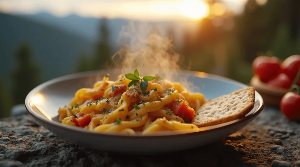 A close-up of a steaming bowl of pasta topped with fresh herbs and accompanied by a cracker, set outdoors with a scenic sunset and mountains in the background.