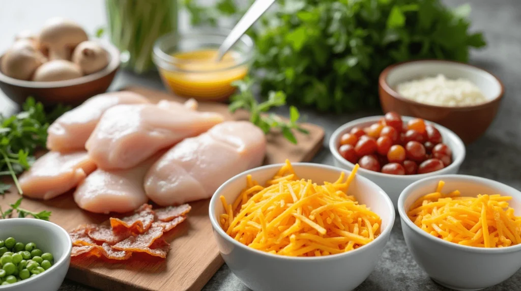 A neatly arranged assortment of ingredients for a recipe, including raw chicken breasts, shredded cheddar cheese, crispy bacon, cherry tomatoes, peas, mushrooms, fresh parsley, and other seasonings, displayed on a kitchen counter.