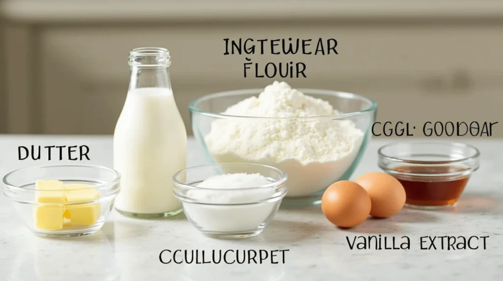 Close-up of kefir sheet cake ingredients like kefir, eggs, flour, and sugar neatly arranged on a kitchen counter.