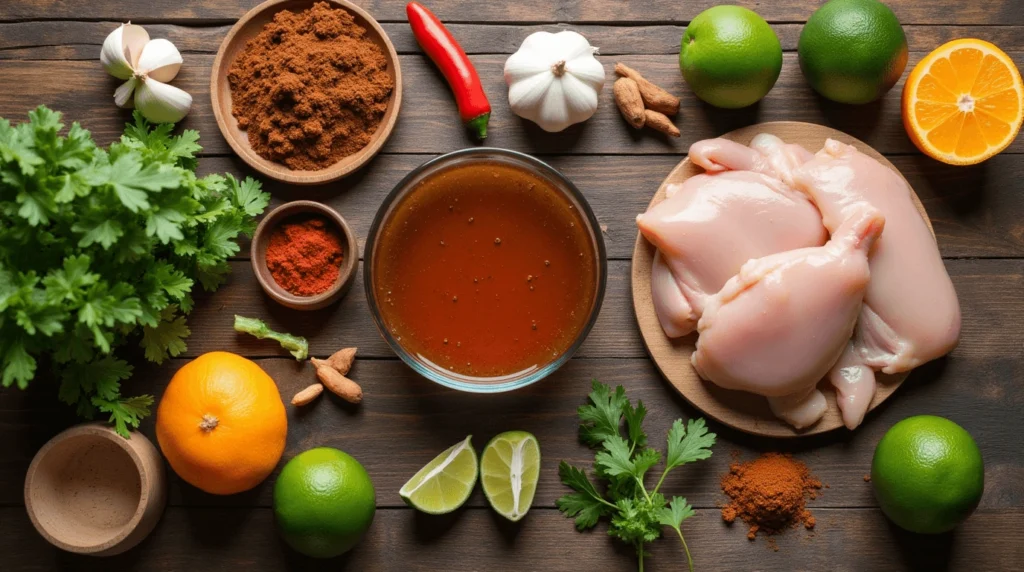 Fresh ingredients for Pollo Loco Chicken Recipe, including chicken thighs, limes, oranges, garlic, olive oil, and spices, arranged on a rustic wooden table.