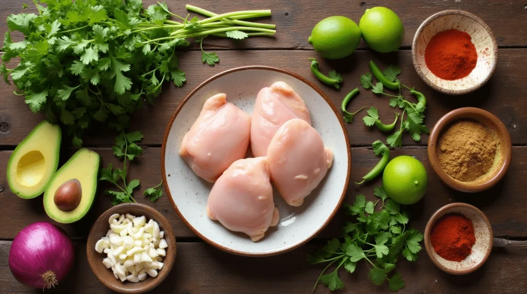 Fresh ingredients for Pollo Loco Chicken: chicken thighs, cilantro, garlic, lime, and spices arranged on a wooden surface.