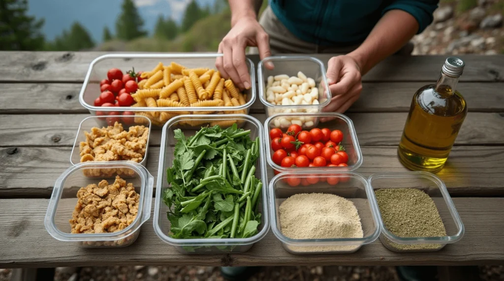 A neatly organized spread of backpacking ingredients on a wooden picnic table, including dried pasta, cherry tomatoes, leafy greens, breadcrumbs, powdered seasonings, and a bottle of olive oil.