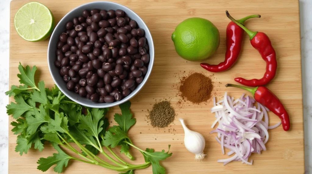  Fresh ingredients for Chipotle Black Beans: black beans, chipotle peppers, garlic, cumin, lime, cilantro, and onions arranged on a wooden cutting board.