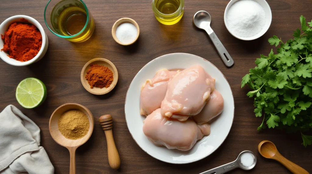 Flat lay of fresh raw chicken thighs and various ingredients including spices, olive oil, lime, and cilantro arranged on a wooden countertop.