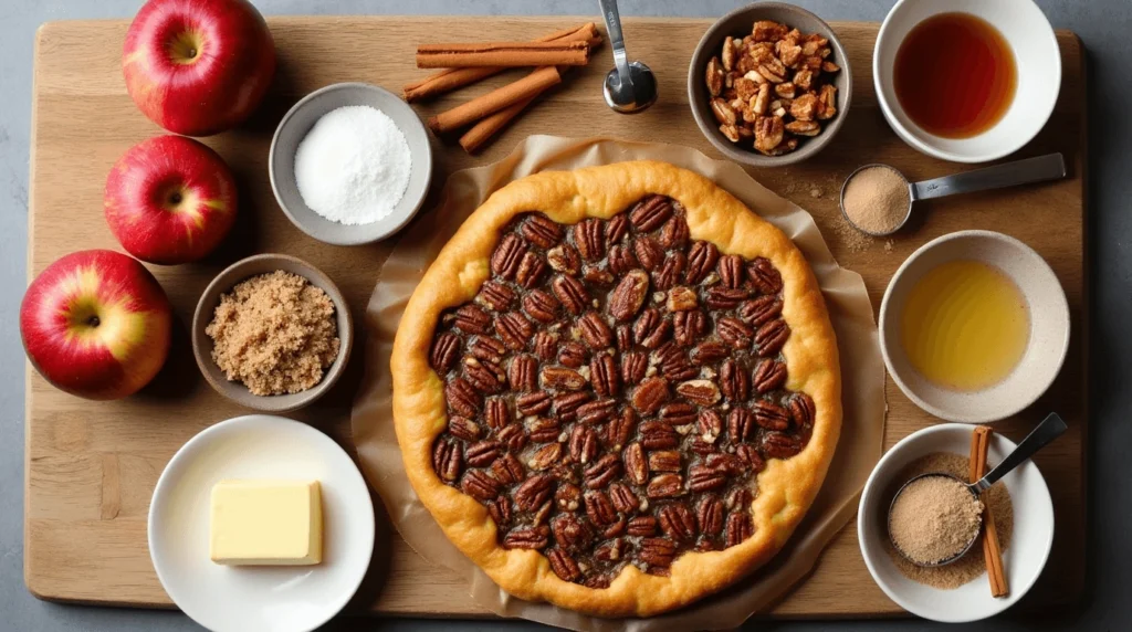 A rustic kitchen counter with neatly arranged ingredients for an apple and pecan Danish pastry tart, including fresh apples, chopped toasted pecans, a sheet of puff pastry, brown sugar, cinnamon sticks, vanilla extract, melted butter in a small bowl, and a measuring spoon with sugar.