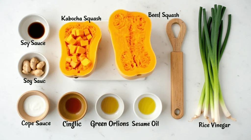  An overhead view of key ingredients for a vegan Chinese kabocha squash dish, including halved and diced kabocha squash, green onions, soy sauce, ginger, sesame oil, rice vinegar, and other condiments neatly arranged on a white surface.