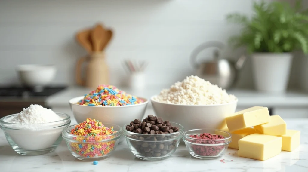 A neatly arranged kitchen counter featuring bowls of colorful cookie ingredients, including rainbow sprinkles, chocolate chips, powdered sugar, freeze-dried fruit powder, flour, and butter blocks, set in a bright and clean kitchen environment.