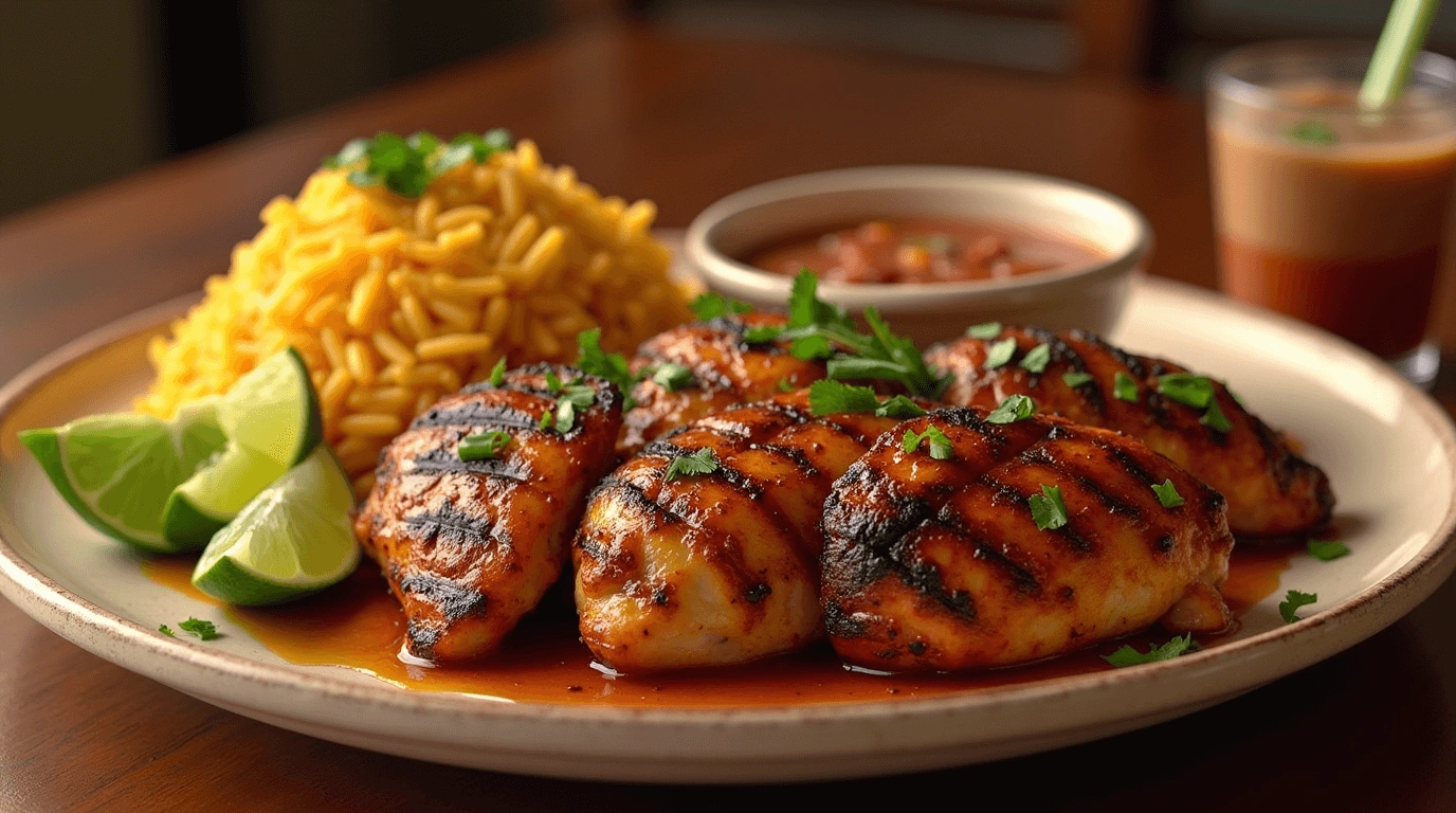 Grilled Pollo Loco chicken served with rice, beans, salsa, cilantro, and lime wedges on a warm plate.