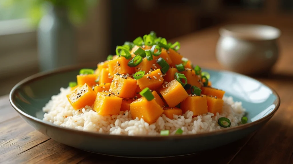A vibrant plate of Chinese kabocha squash served over a bed of steamed rice, garnished with chopped green onions, sesame seeds, and black pepper, set on a rustic wooden table.