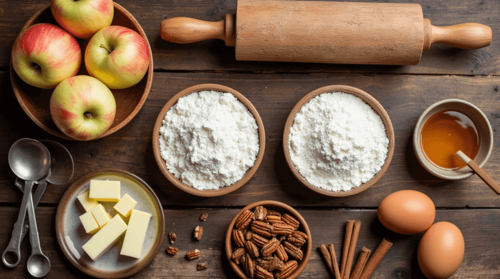 Fresh apples, pecans, butter, flour, sugar, eggs, and cinnamon arranged on a rustic wooden countertop for an apple and pecan tart.