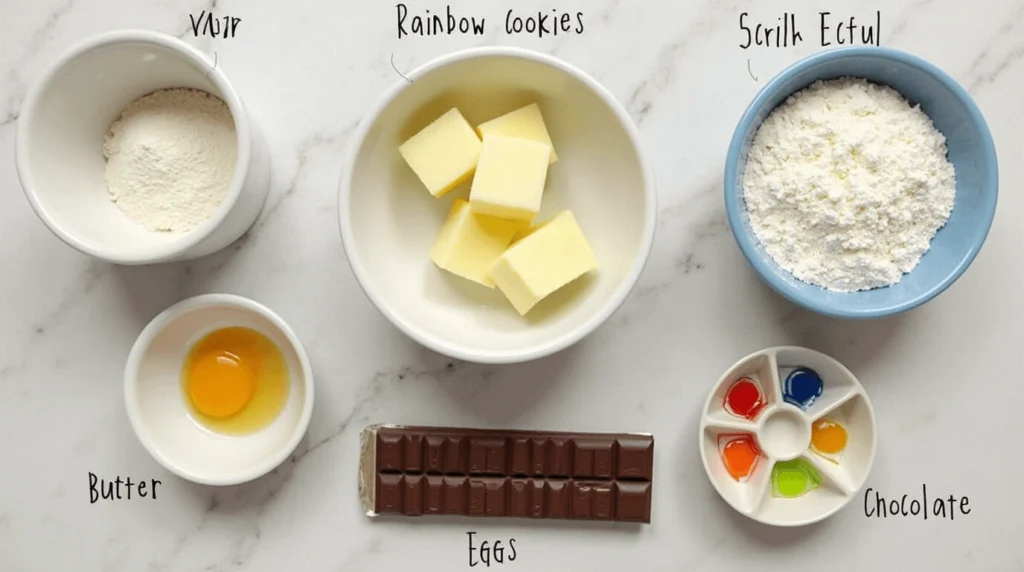 Overhead view of ingredients for rainbow cookies including flour, butter, eggs, colorful food coloring, and chocolate.