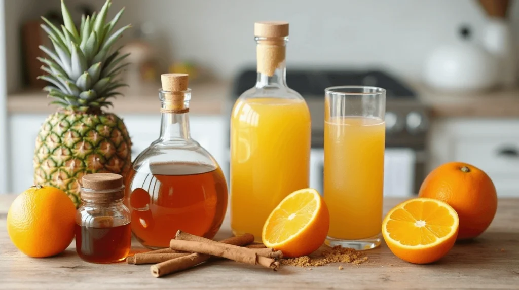 A vibrant arrangement of fresh oranges, a pineapple, bottles of orange juice and liquor, a jar of honey, cinnamon sticks, and brown sugar on a wooden kitchen counter.
