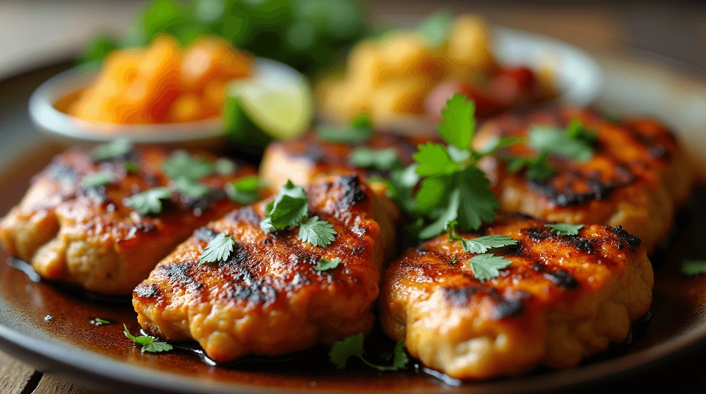 Close-up shot of sizzling grilled chicken patties garnished with fresh cilantro, served on a plate with vibrant sides including shredded vegetables and lime wedges.