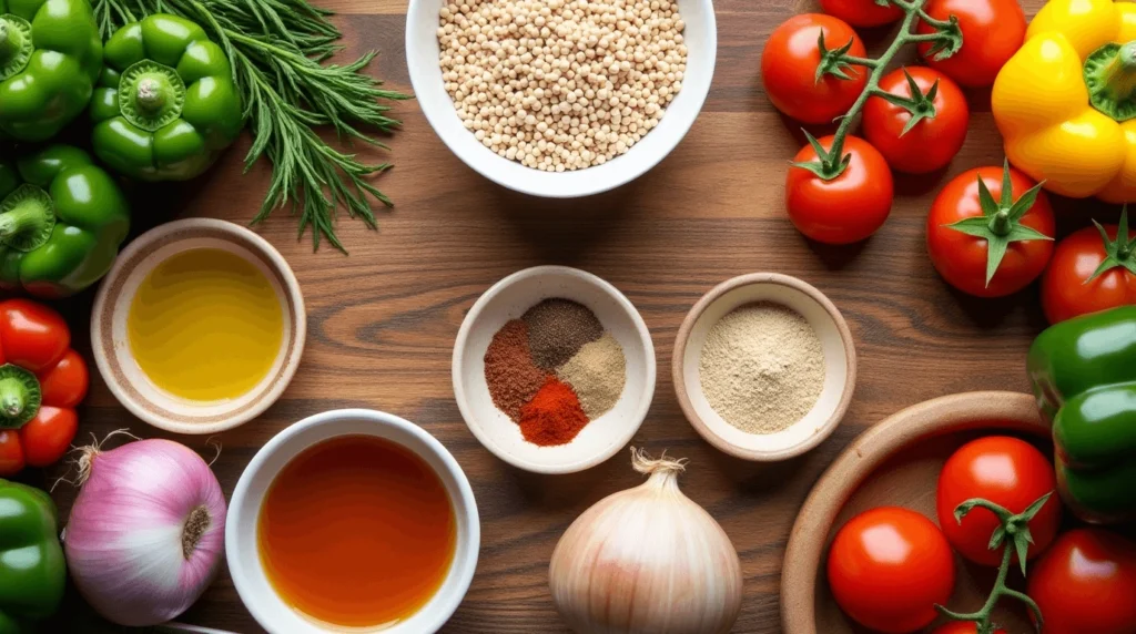 A recipe card with benefits listed on a rustic kitchen counter surrounded by fresh vegetables and herbs.