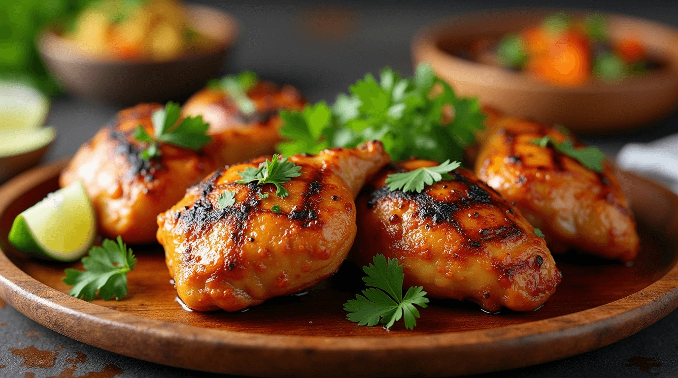 Juicy grilled Pollo Loco Chicken thighs with char marks, garnished with fresh cilantro and lime wedges, served alongside cilantro lime rice, black beans, and grilled vegetables on a rustic wooden platter.