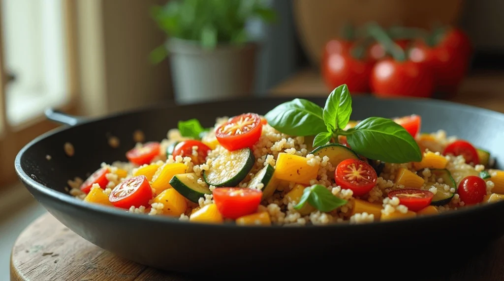 Skillet with sautéed vegetables, quinoa, and fresh basil on a rustic wooden table.