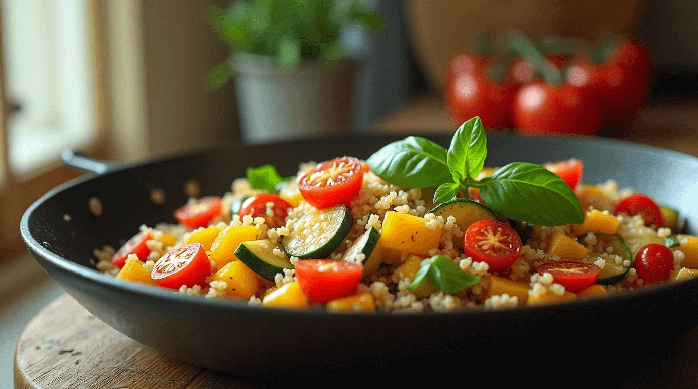 Skillet with sautéed vegetables, quinoa, and fresh basil on a rustic wooden table.
