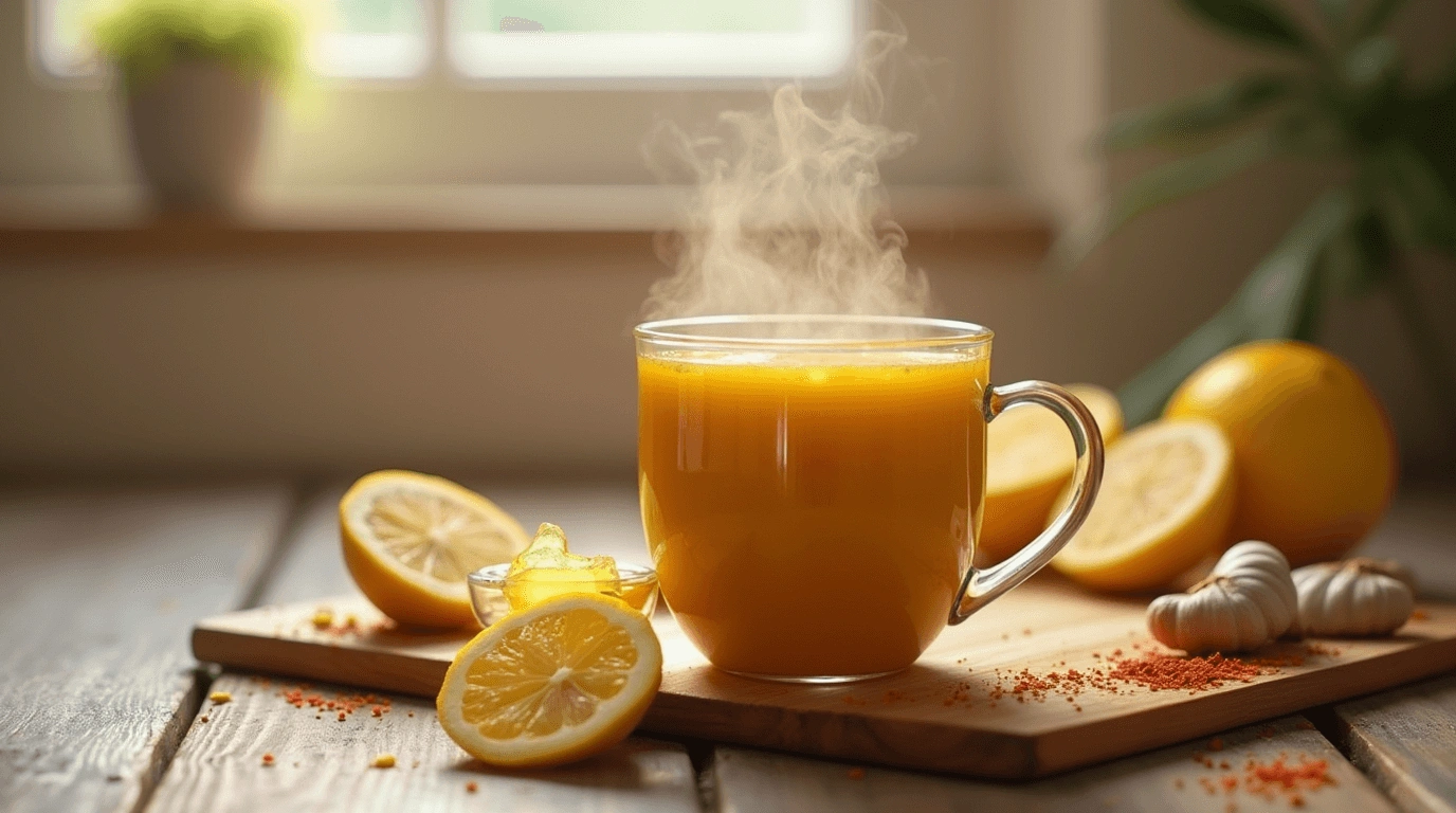 A steaming cup of vibrant yellow flu bomb drink on a wooden countertop, surrounded by fresh lemon slices, garlic cloves, and sprinkled spices, bathed in warm natural light.