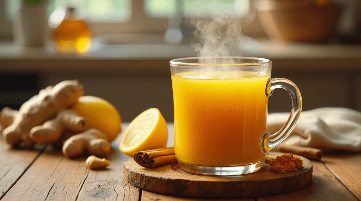 A steaming mug of golden flu bomb drink with ginger, turmeric, and lemon, surrounded by fresh ginger root, lemon slices, a cinnamon stick, and honey on a wooden table in a cozy kitchen.