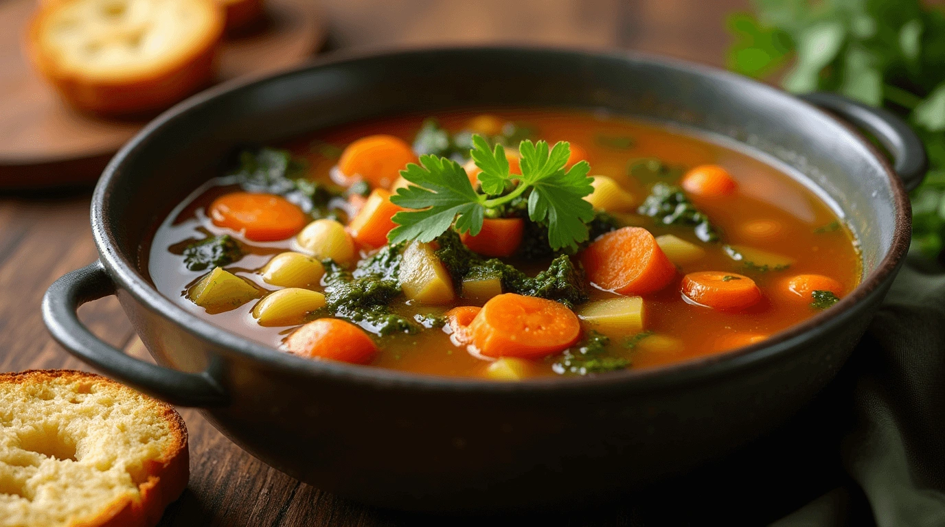 A bowl of hearty vegetable soup with chunks of carrots, potatoes, celery, and fresh parsley garnish, served in a black bowl with a side of toasted bread.
