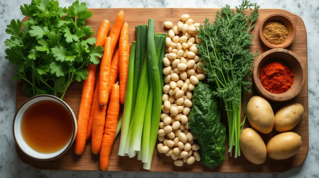 A colorful assortment of fresh ingredients, including carrots, parsley, green onions, spinach, potatoes, white beans, vegetable broth, and spices, arranged neatly on a wooden cutting board.