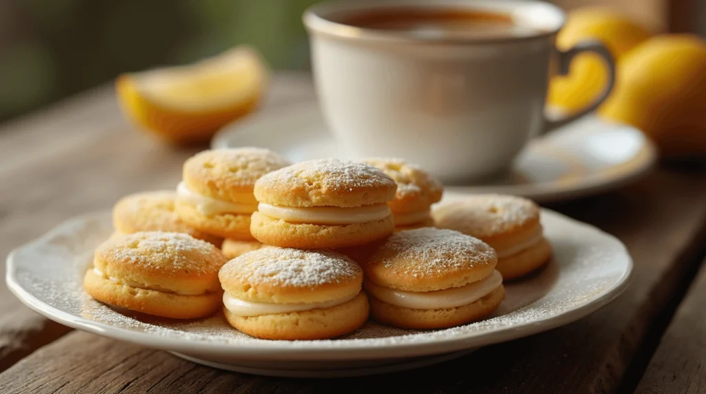 A plate of delicate golden sandwich cookies filled with a creamy layer and dusted with powdered sugar, accompanied by a cup of coffee and lemons in the background.