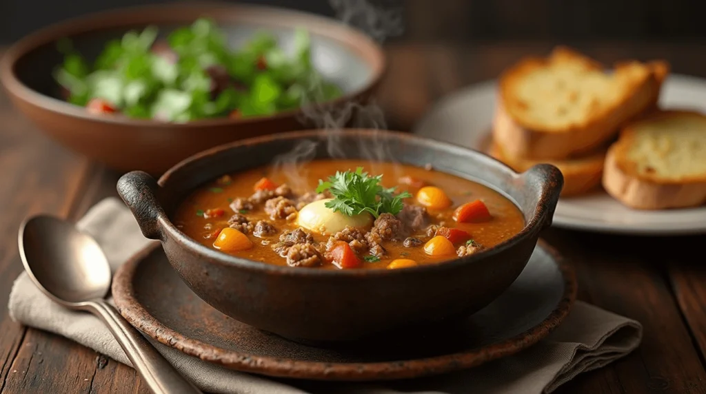 A steaming bowl of hearty soup with ground meat, potatoes, cherry tomatoes, and fresh herbs, served alongside garlic bread and a fresh green salad.