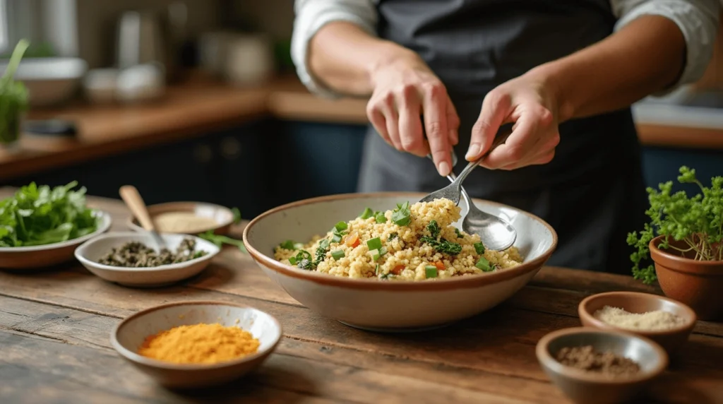 A home cook adding different seasonings and garnishes to a dish for variations of the Justalittlebite recipe.