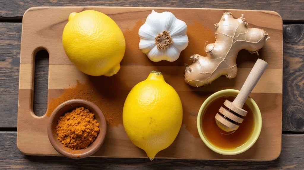 A flat-lay arrangement of flu bomb ingredients on a wooden cutting board, including lemons, a garlic bulb, fresh ginger root, ground turmeric in a small bowl, and honey in a cup with a wooden dipper.
