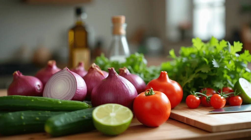Fresh ingredients for cebolla ensalada: red onions, cucumbers, tomatoes, cilantro, olive oil, lime.

